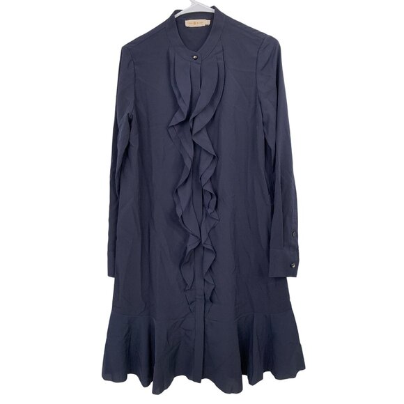 Tory Burch Womens Ruffle Front Shirt Dress Size 6 Navy Polyester RX10455 Shift - Picture 11 of 13